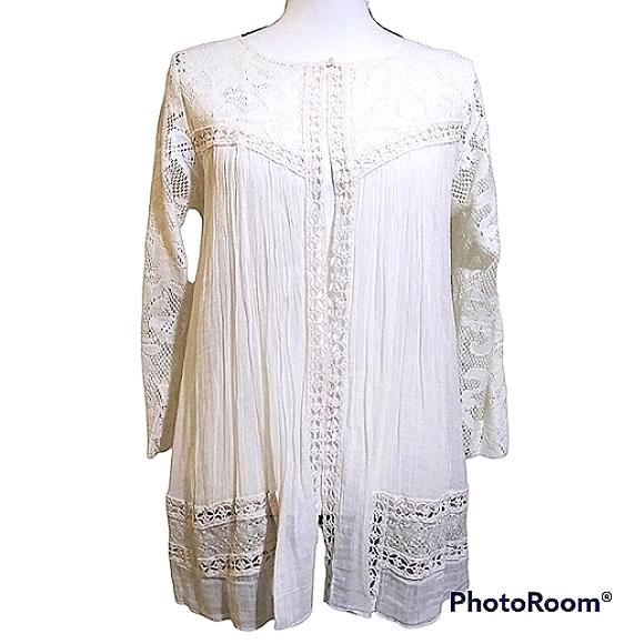 FP ONE IVORY/CREAM CRINKLE COTTON SUMMER CARDIGAN LACE CROCHET SINGLE BUTTON - Picture 2 of 10